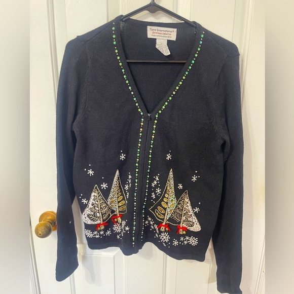 Tiara International Sweaters - Tiara International Small Black Christmas Sweater  Beaded Embroidery Sequin Bell